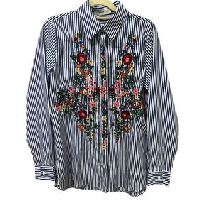 Chicwish Blue White‎ Striped Floral Embroidered Button Down Shirt Long Sleeve M